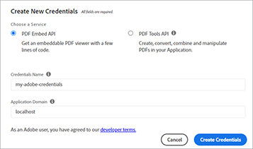 Captura de tela da criação de novas credenciais para a PDF Embed API