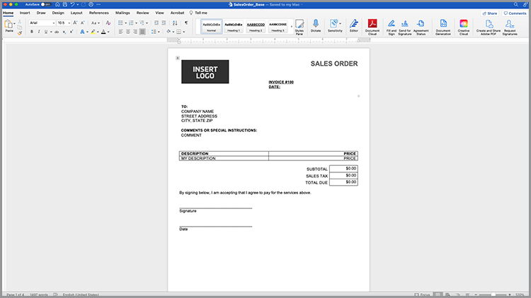 Captura de tela de amostra do documento de ordem de venda