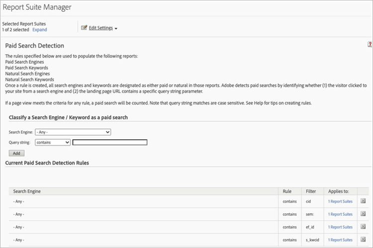 Exemplo de uma regra de Detecção de Pesquisa Paga definida em Analytics