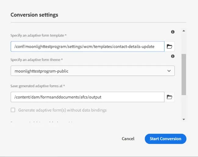 Especificar as configurações