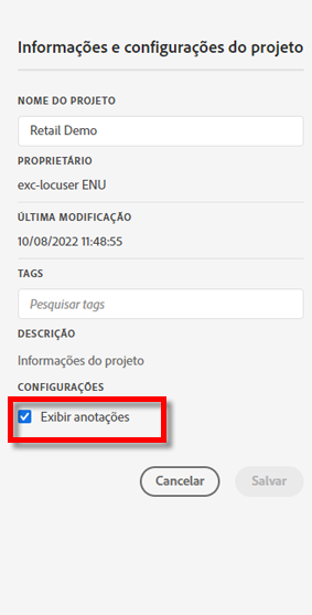 Opções de anotações para informações do projeto e configurações em dispositivos móveis, com destaque para a opção Mostrar anotações.