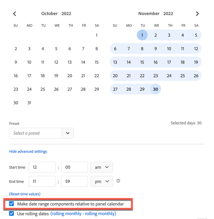 Calendário com a opção Tornar componentes de intervalo de datas relativos ao calendário do painel selecionada