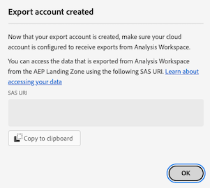 Zona de aterrissagem de dados da AEP da caixa de diálogo Exportar conta