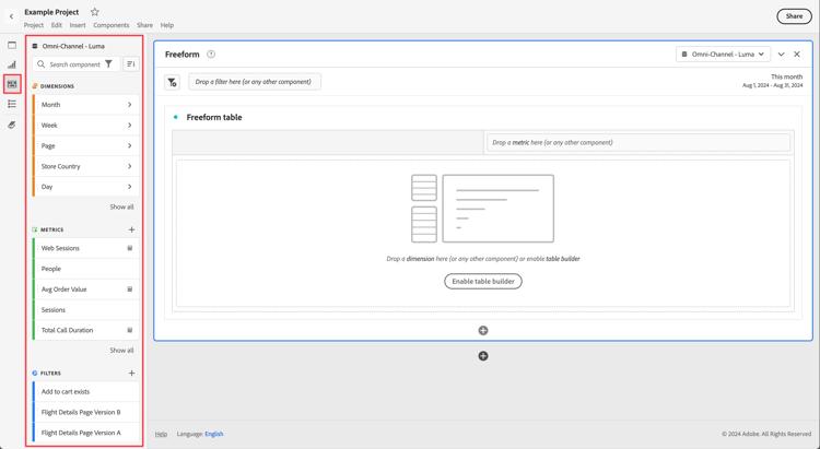 Painel do espaço de trabalho destacando o ícone Componentes no menu esquerdo