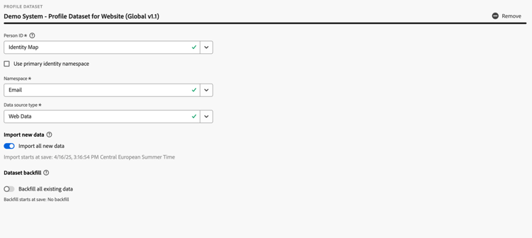 Configurações de conjuntos de dados de perfil de B2C