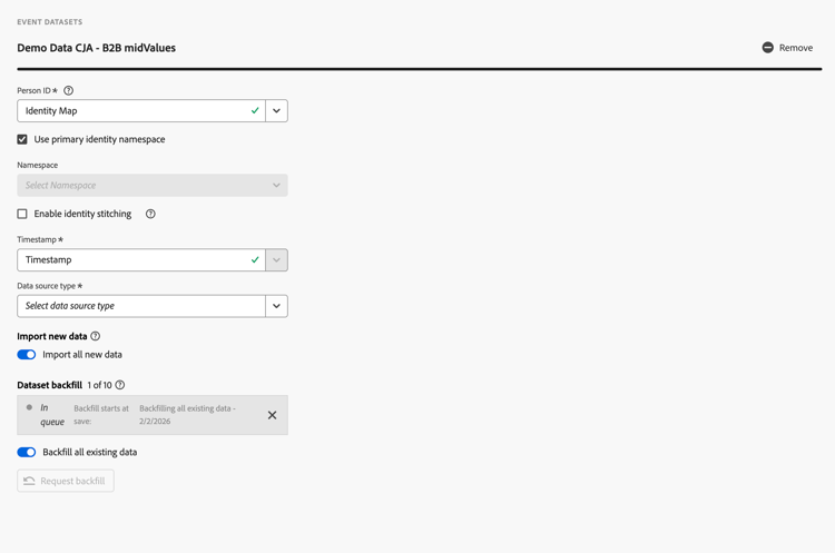 Configurações de B2C de conjuntos de dados de evento