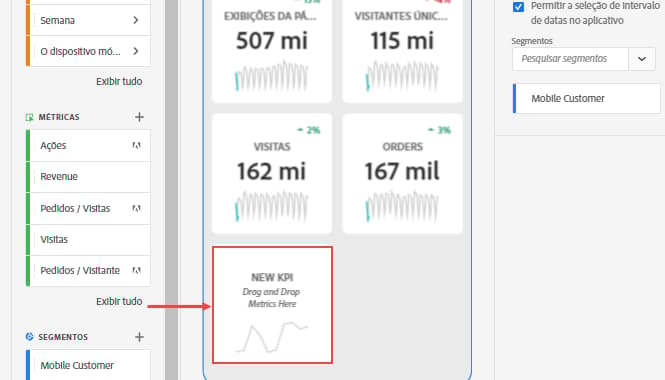 Nova janela de cartão de pontuação móvel com uma seta apontando para uma métrica (Novo KPI) colocada no cartão de pontuação.