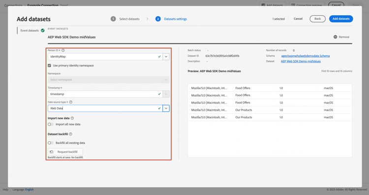 Configurar conjuntos de dados