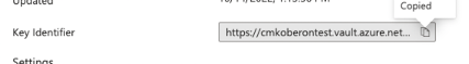 Campos de Identificador de Chave mostrando o URI para https://cmkoberontest.vault.azure.net