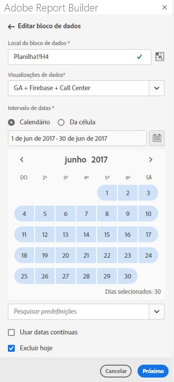 Report Builder mostrando o calendário, a data de término e a data de início selecionada.