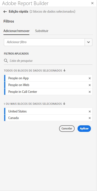o painel Filtros mostrando o campo Adicionar Filtro e as listas Filtros Aplicados.