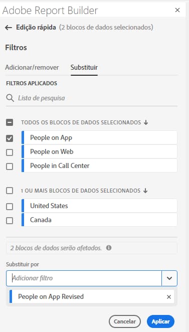 A guia Substituir com o bloco de dados Pessoas no Aplicativo selecionado e a lista Substituir por atualizada mostrando Pessoas no Aplicativo Revisado.