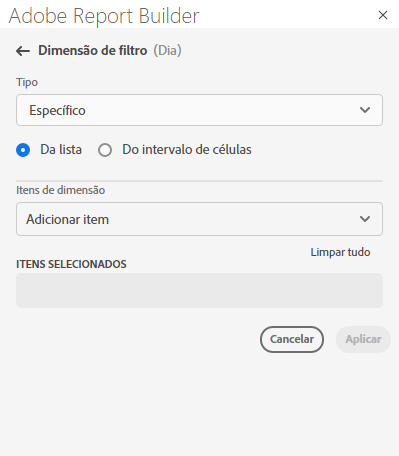 A opção específica selecionada no painel de dimensão Filtro.