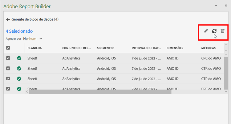 O gerenciador de bloco de dados mostra o status de atualização para cada bloco de dados listado.