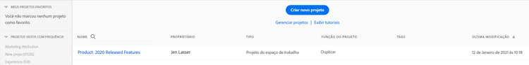 Página de aterrissagem do projeto mostrando a lista de projetos.