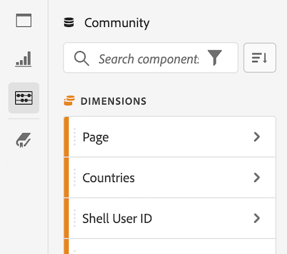 O ícone Componentes selecionado e a lista de dimensões disponíveis.