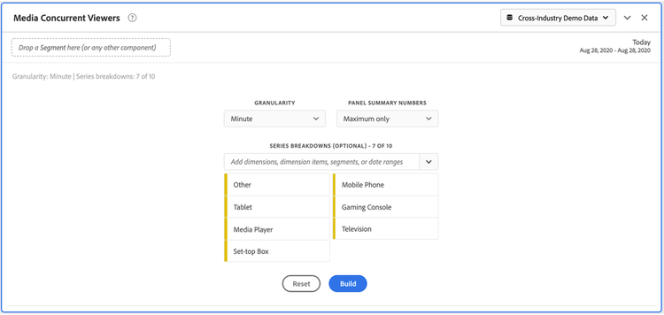 A exibição de detalhamento da Série de Visualizadores Simultâneos de Mídia mostrando 7 de 10 dimensões, segmentos ou intervalos de datas.