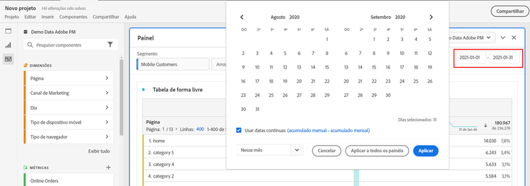 A janela do calendário mostrando o intervalo de datas selecionado.