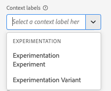 Opções de rótulo de contexto para Variante de experimentação e experimentação.