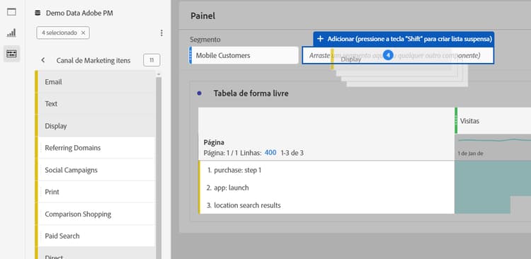 A janela Painel com o campo de segmento Cliente móvel disponível para se soltar um filtro suspenso estático.