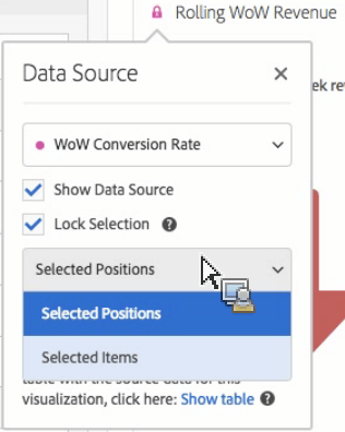 Opções de Configurações do Data Source com Mostrar Data Source e Bloquear Seleção selecionadas.