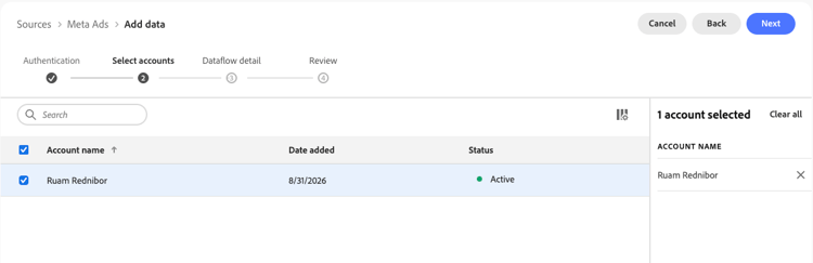 Contas selecionadas do conector de origem do Meta Ads