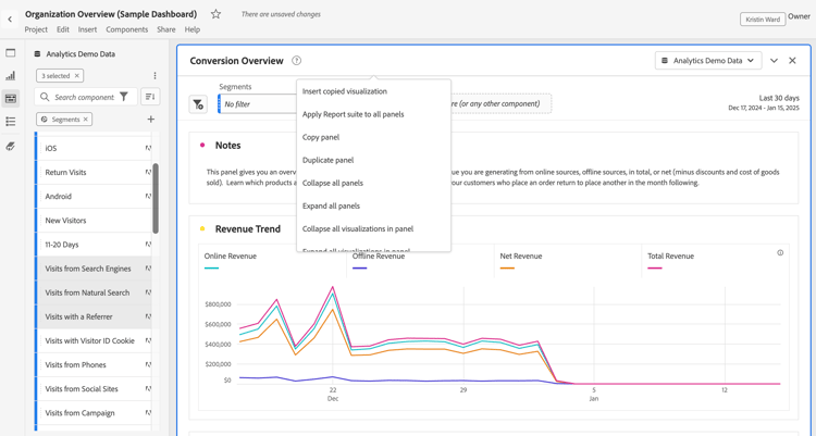 As opções disponibilizadas ao clicar com o botão direito em um cabeçalho de painel.