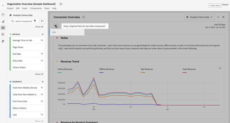 O painel esquerdo mostra as métricas disponíveis e a métrica Cliente de dispositivo móvel arrastada para a área de destino do painel.