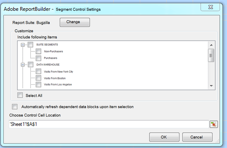 Captura de tela mostrando as Configurações de Controle de Segmento com os segmentos selecionados e o local da célula.