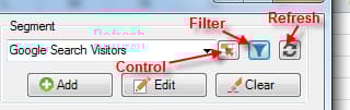 Captura de tela mostrando as opções de Segmento para Adicionar, Editar ou Limpar segmentos e realçando os ícones Controlar, Filtrar e Atualizar.