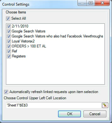 Captura de tela da caixa de diálogo Configurações de Controle com todos os segmentos selecionados.