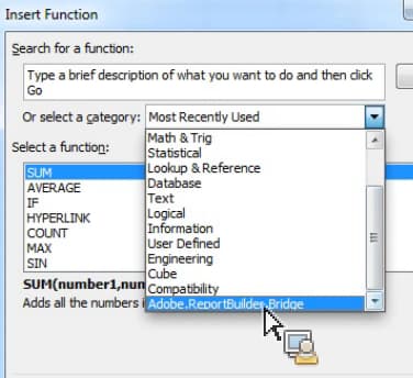 Captura de tela mostrando a janela Inserir Função com a lista de categorias expandida.