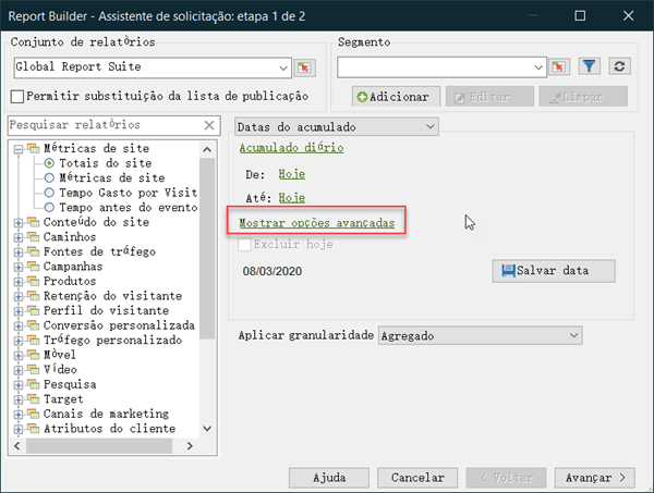 Captura de tela destacando a opção Mostrar Opções Avançadas.