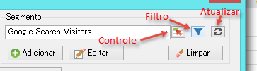 Captura de tela mostrando as opções de Segmento para Adicionar, Editar ou Limpar segmentos e realçando os ícones Controlar, Filtrar e Atualizar.