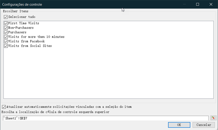 Captura de tela mostrando as Configurações de Controle de Segmento com os segmentos selecionados e o local da célula.