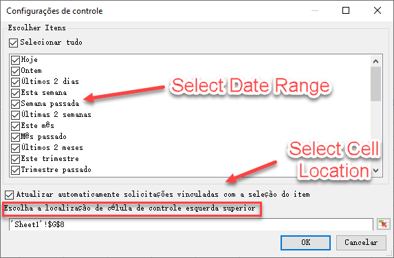 Captura de tela mostrando os itens do intervalo de datas selecionado e o local da célula superior esquerda.