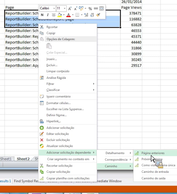 Captura de tela mostrando três linhas selecionadas com a opção Adicionar Solicitação Dependente selecionada.