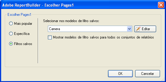 Captura de tela do formulário Escolher Página e opções das páginas Filtros Mais Populares, Específicos e Salvos.