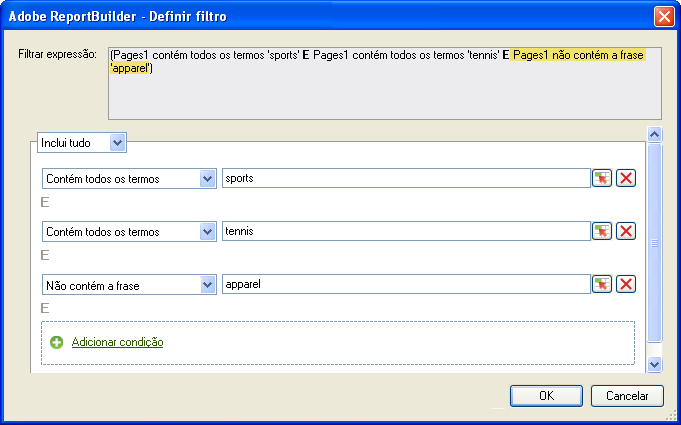 Captura de tela mostrando a caixa de diálogo Definir Filtro.