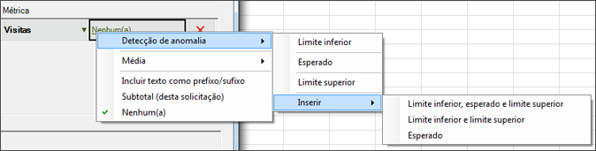 Captura de tela mostrando a Detecção de Anomalias, depois as opções Inserir e inserir para Limite Inferior e Superior, e as opções esperadas.