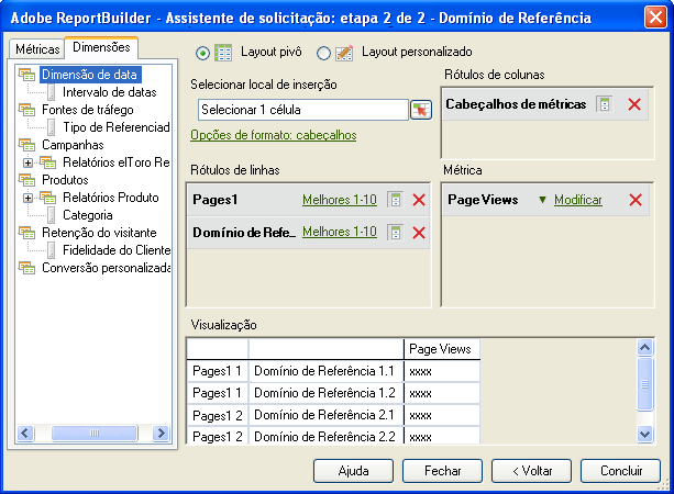 Captura de tela mostrando as dimensões relacionadas à métrica.