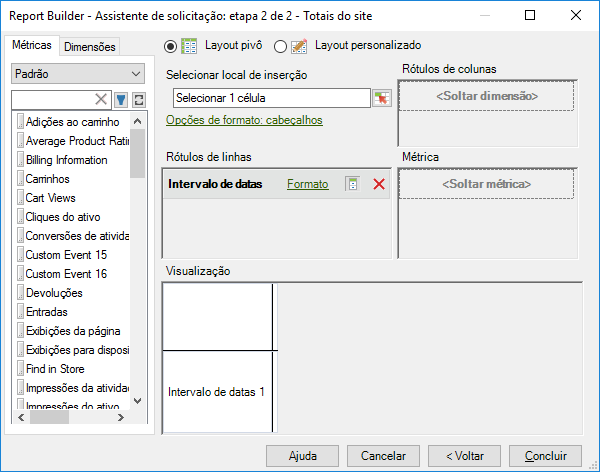 Captura de tela do Assistente de solicitações: etapa 2 Lista de métricas padrão.