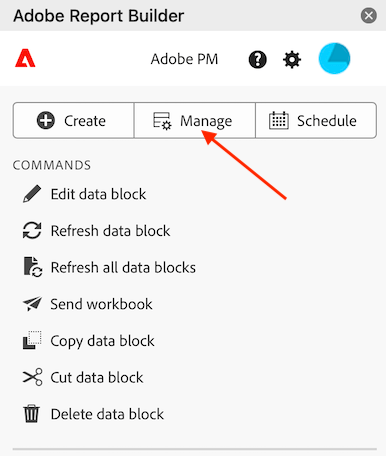 A opção Gerenciar para exibir uma lista de todos os blocos de dados.