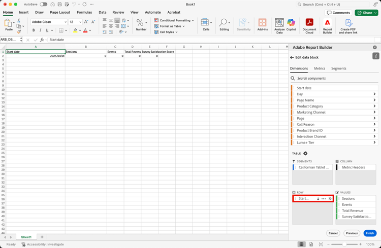 Captura de tela mostrando a data de início na lista de dimensões.