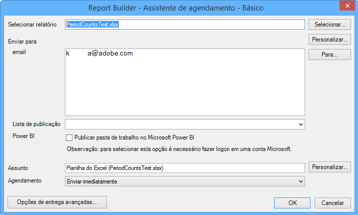 Captura de tela do Assistente de agendamento do Report Builder mostrando a possibilidade de marcar a opção Publicar pasta de trabalho no Microsoft Power BI.