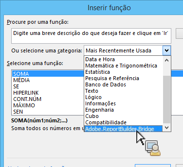 Captura de tela mostrando a janela Inserir Função com a lista de categorias expandida.
