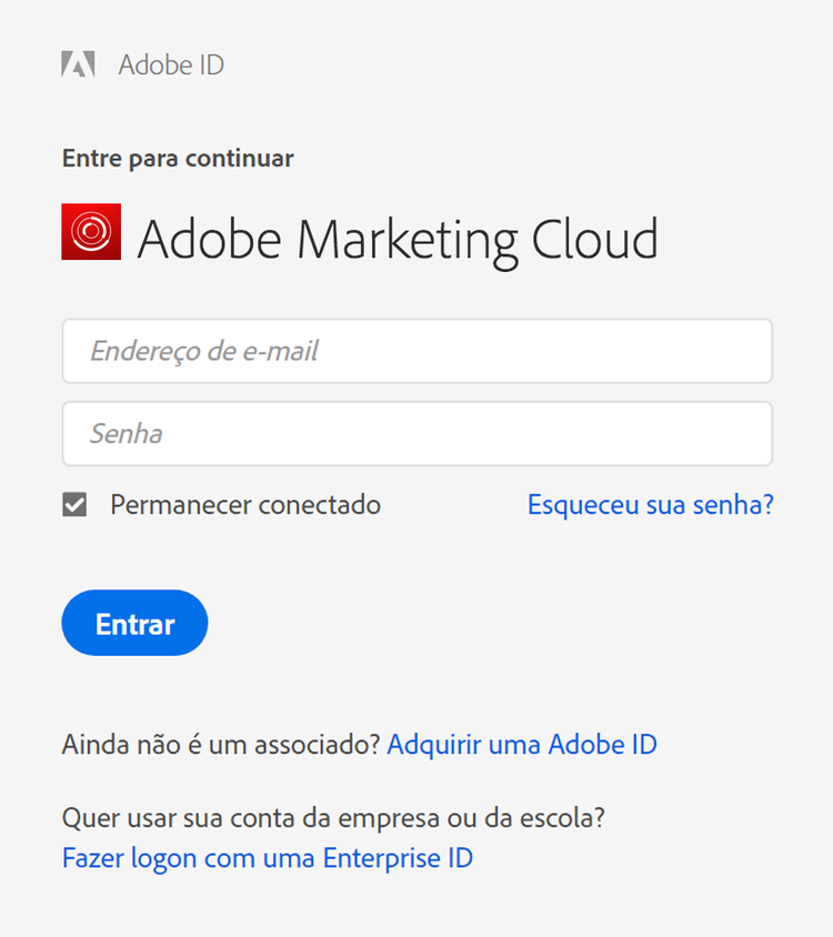 Captura de tela mostrando a janela de entrada do Adobe Experience Cloud mostrando opções para entrar com ou sem seu Adobe ID