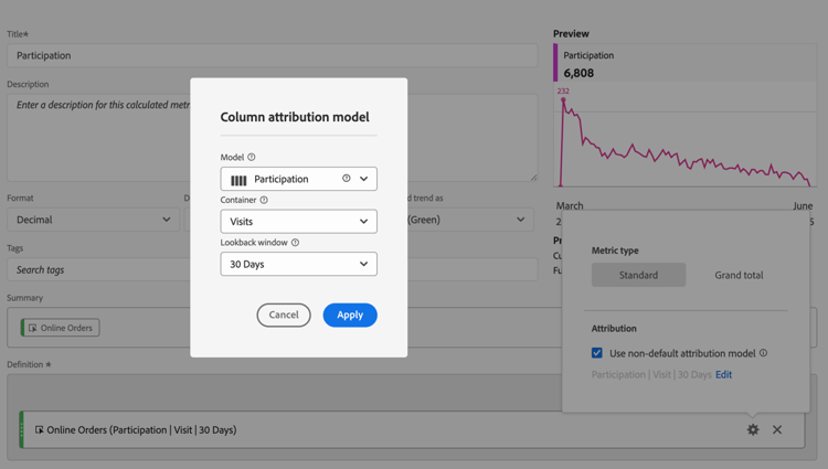 Pop-up de modelo de atribuição de coluna mostrando a Participação selecionada como o modelo e as Visitas selecionadas para o Contêiner.