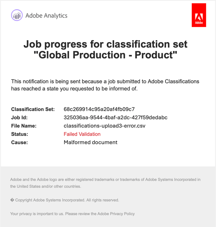 Conjuntos de classificações - email de validação do trabalho