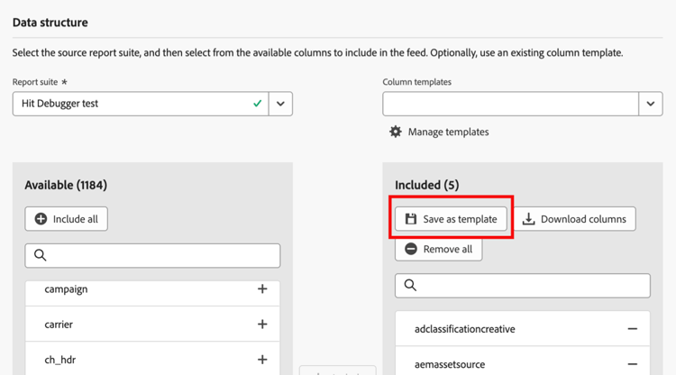 Criar modelo de coluna ao criar um feed de dados